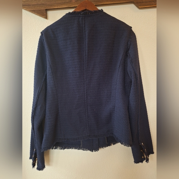 NWT One Third Navy Tweed Fringe Zip/Snap Collarless Jacket Womens size L - Picture 9 of 9